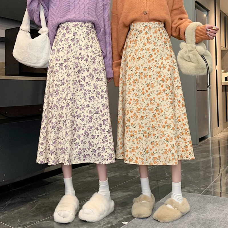 

Rimocy Korean Style Floral Print Long Skirts Women 2022 Summer A Line Beach Skirts Woman Elastic High Waist Midi Skirt Mujer