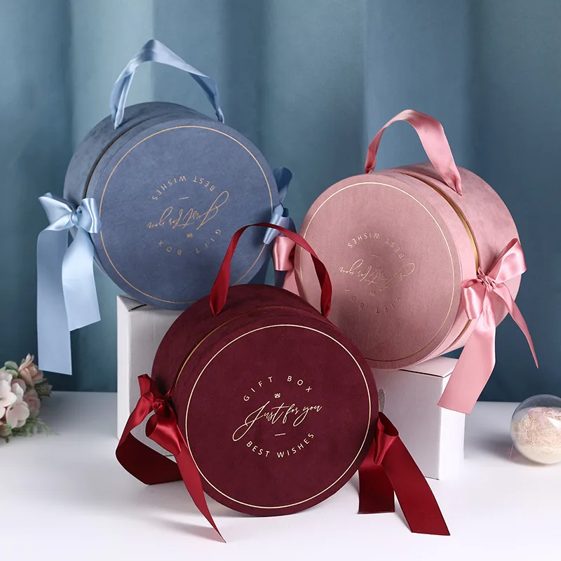 

Gift Box Surprise Flannel Round Wedding Present Wrapping Box with Cover Ribbon Handle Valentines Day Boxes Small Storage Box