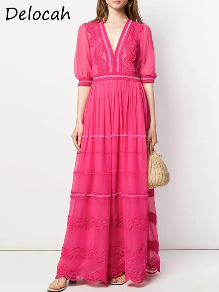 

Delocah/Высококачественный летний сарафан для женщин; Модное дизайнерское длинное платье с рукавами-фонариками; Кружевное открытое винтажное платье с высокой талией