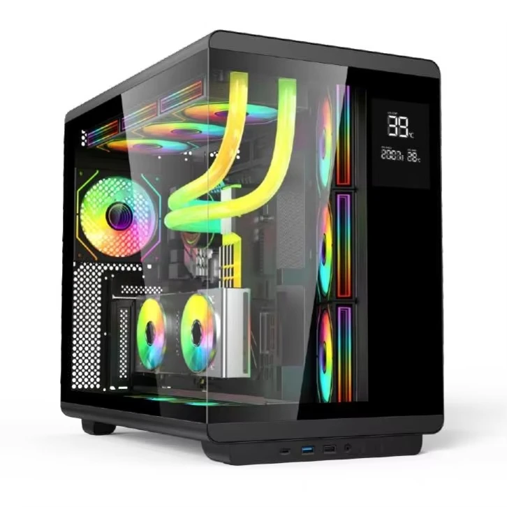 Фото Чехол для игрового ПК ATX из закаленного стекла с полной поддержкой башни, жидкостный охладитель 360, чехол для настольного компьютера с ЖК-экраном №3