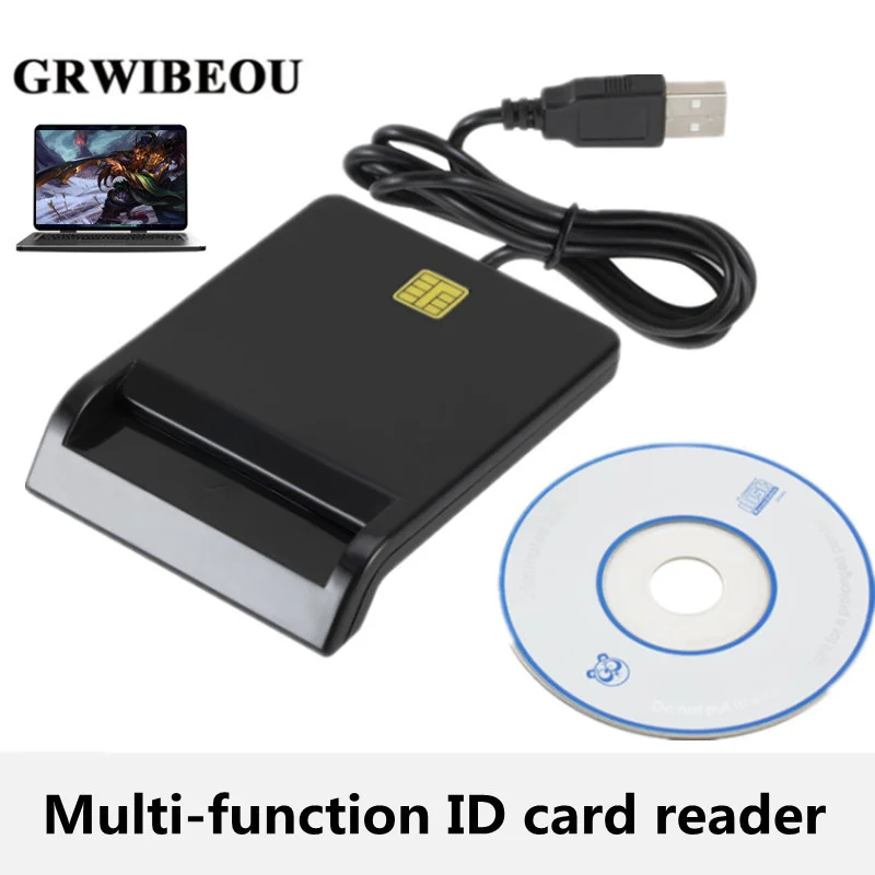 GRWIBEOU Multi-Function ID Card Reader Black Smart Tax Return Bank ID Card Reader Sim Phone Card Smart Chip Reader LED indicator