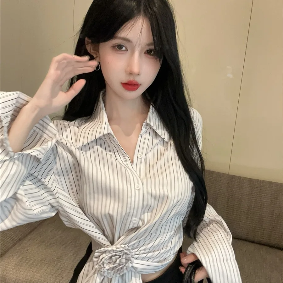  Дизайнерские рубашки с длинными рукавами в полоску Gyaru 2024 осень и зима новый