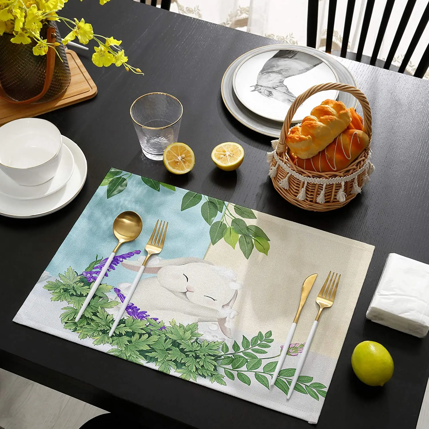 

Easter Placemats for Dining Rabbit Green Leaves Linen Table Mats for Kitchen Table Mat Insulation Placemat Washable Placemats