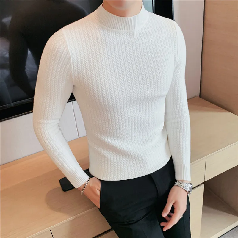 2022 Winter Half Turtleneck Sweater Men's Knitted Pullover Slim Solid Color Wool Knitwear Green Long-sleeved Top