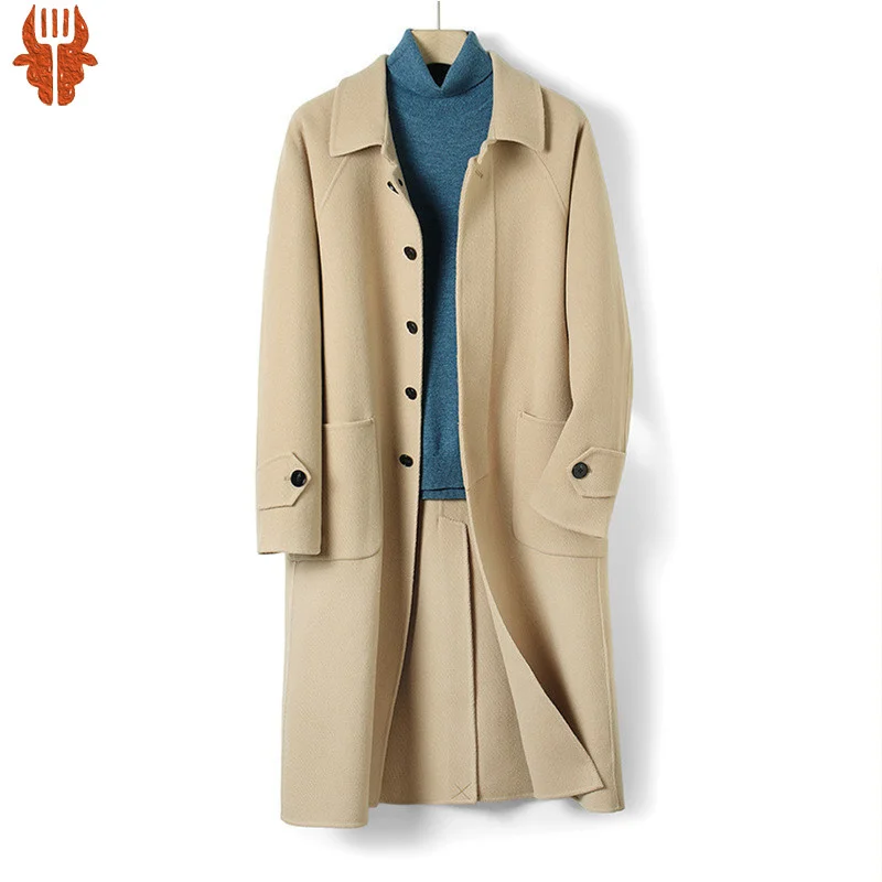 

2023 Luxury High-end Twill Fabric! 100% Wool Double-faced Men's Loose Wide Camel Blue Coat Mid-length Trench Coat