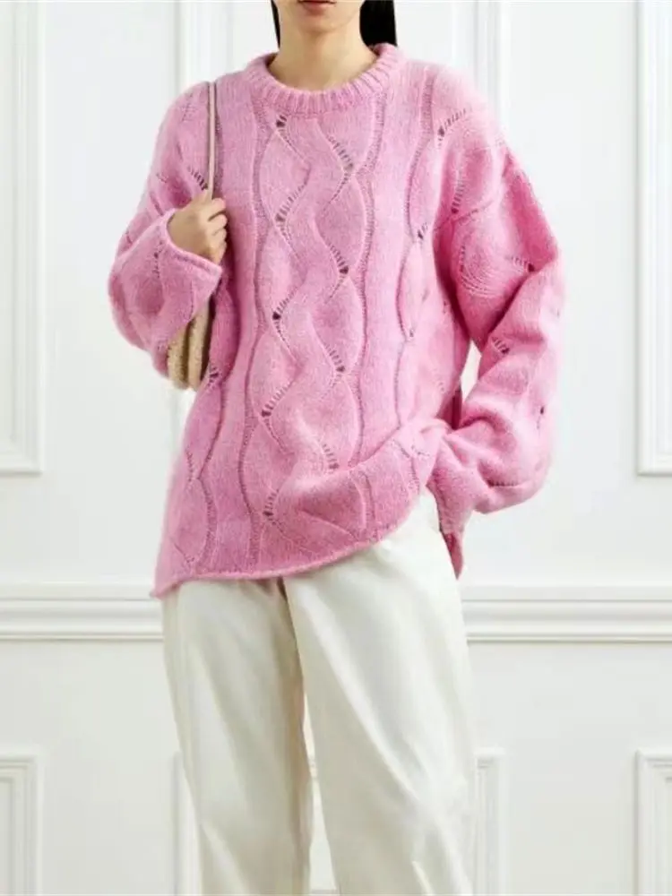 

Women Pink Hollow out Sweater Loose Design Sweet Round Neck Wool Blend 2022 Autumn Winter Long Sleeve Ladies Pullover
