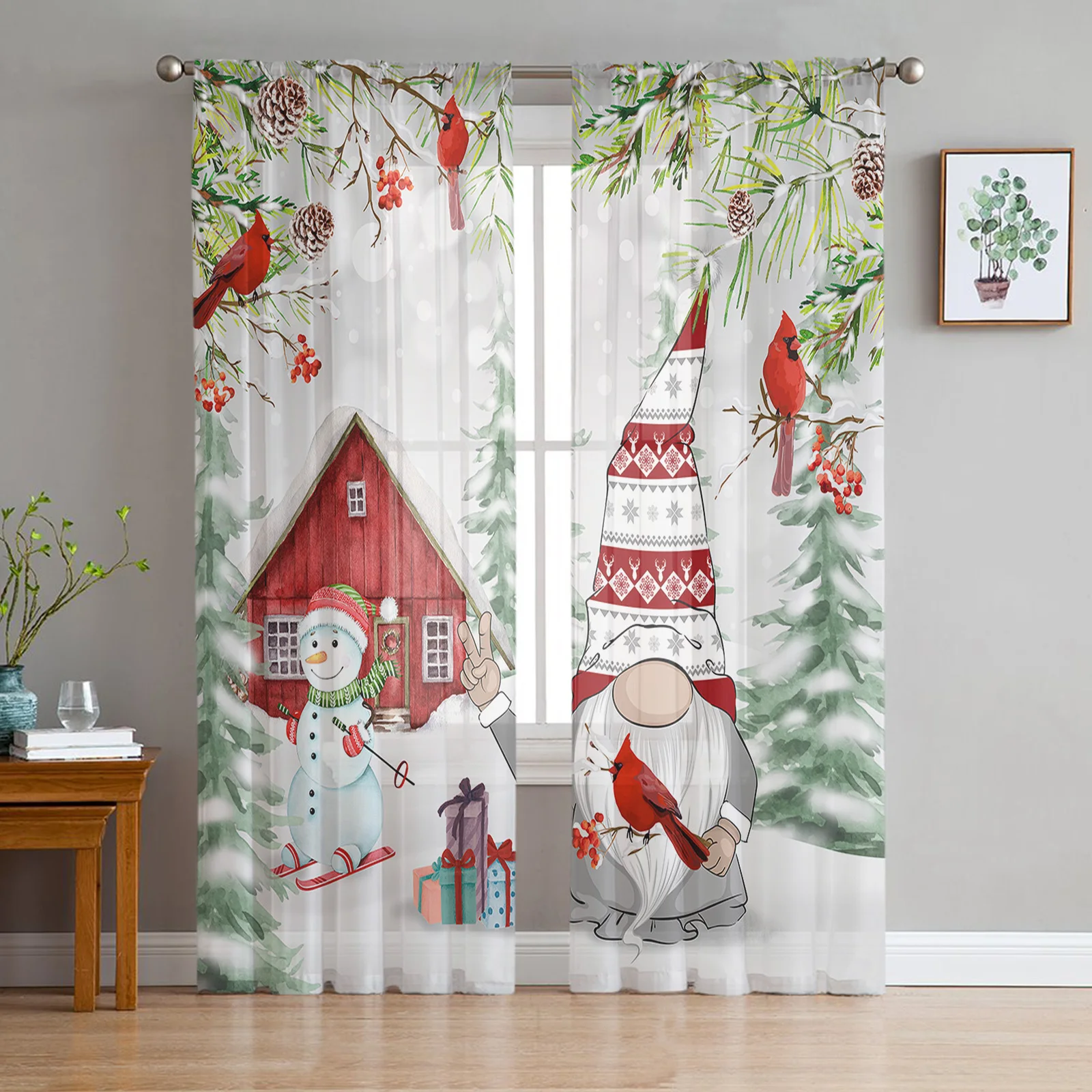 

Christmas Snowman Snow Scene Tulle Curtains for Living Room Bedroom Decoration Transparent Chiffon Sheer Voile Window Curtain