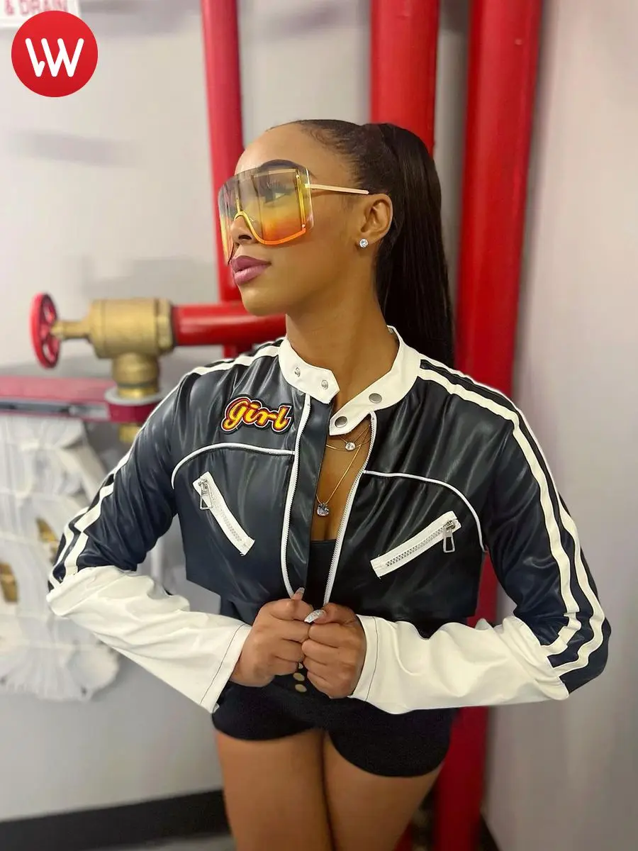 

Кроп-Топ женский из искусственной кожи в полоску, на молнии, с длинным рукавом