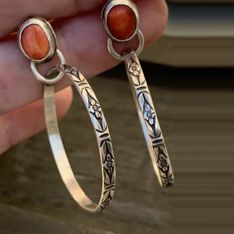 

Vintage Pattern Circle Drop Earrings Fashion RedSStone Stud Hoop Earrings for women Jewelry Wedding Engagement Earrings