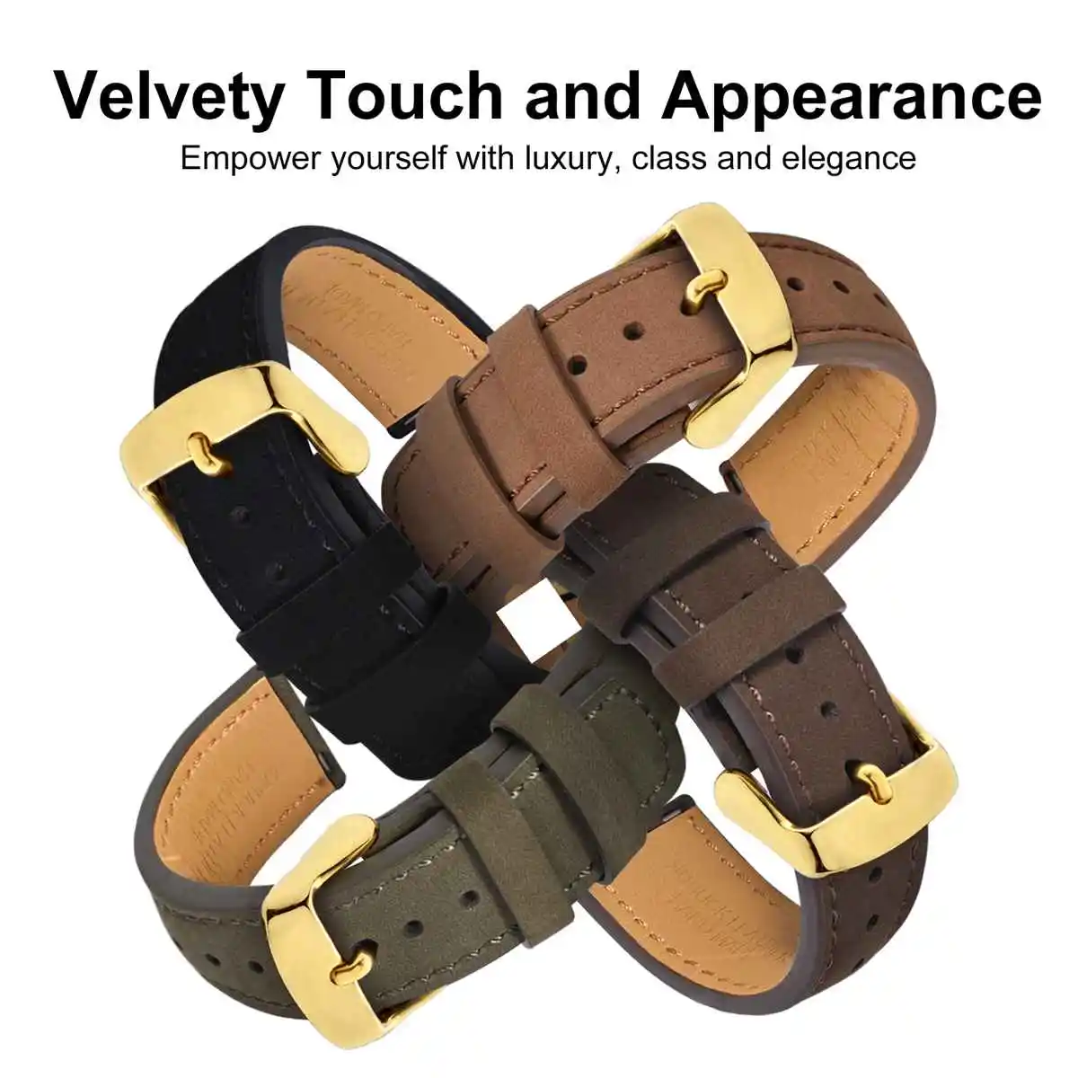 WOCCI Nubuck Top Grain Leather Watch Straps 18mm 20mm 22mm Black Green Brown Watchband with Quick Release Pin and Golden Buckle