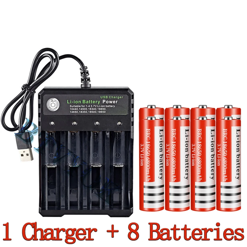 

New 3.7V Li-Ion 6800mAh Large Capacity Rechargeable 18650 Battery for LED Torch + 4 Slot Smart Charging USB Charger