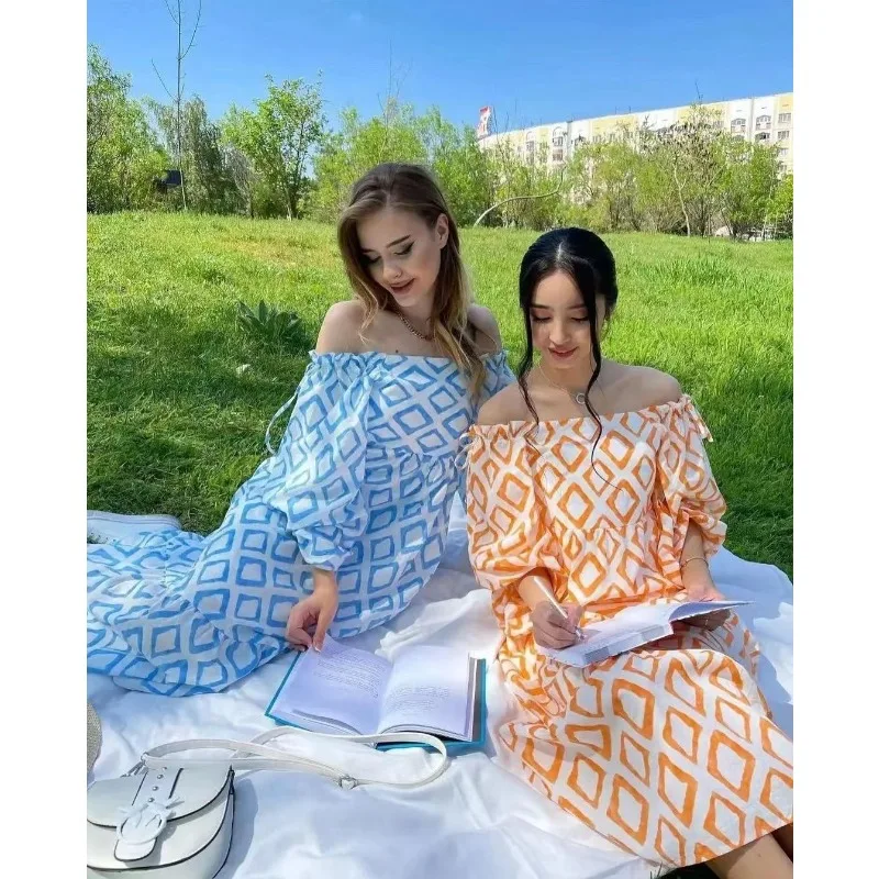 

Элегантное женское длинное платье для отпуска Y2K, свободное милое богемное Платье макси с открытыми плечами, длинным рукавом, высокой талией и принтом