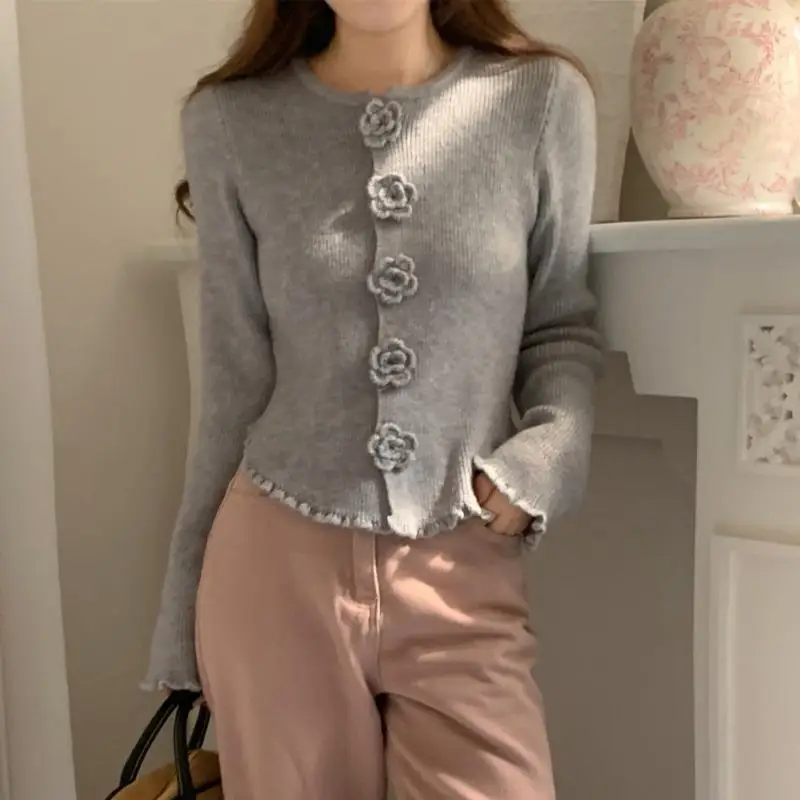 Корейские элегантные свитера с розами Женские приталенные шикарные вязаные