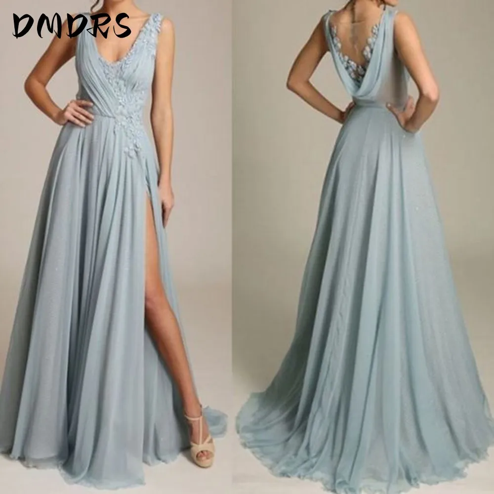 

Sexy V-Neck Prom Dress V-Neck Sleeveless High Split Gown For Wedding Party Lace Appliques 3D Flowers Formal Party Dresses