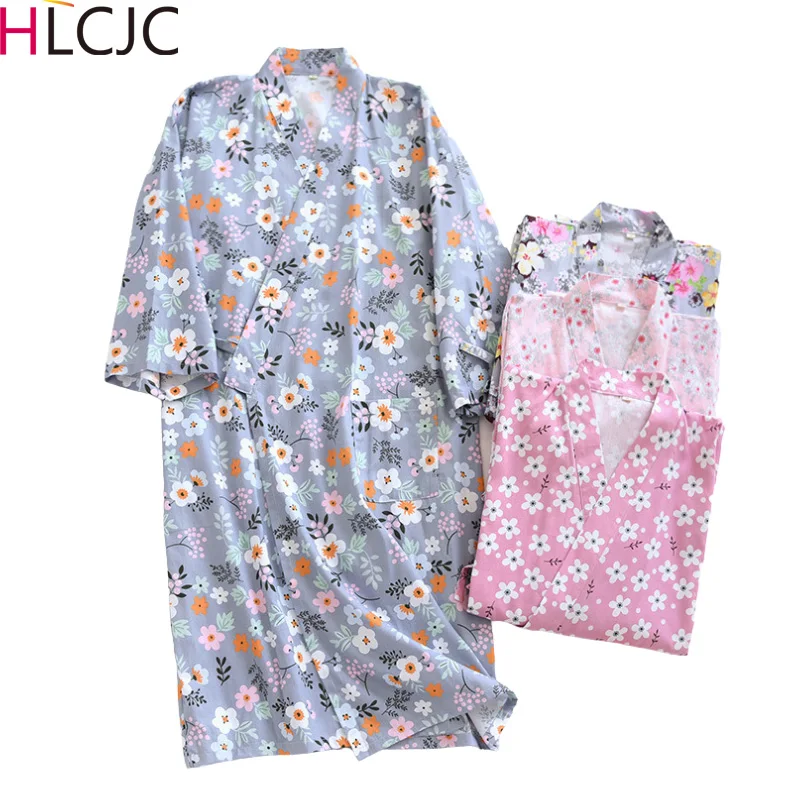 

2022 Japanese Kimono Bathrobe Nightdress Women's Summer Autumn Cotton Gauze Long-sleeved Home Service Sauna Clothes Robe Ladies