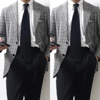 men suit tailor made 2 pieces plaid blazer black pants single breasted wedding groom business work wear causal prom tailored