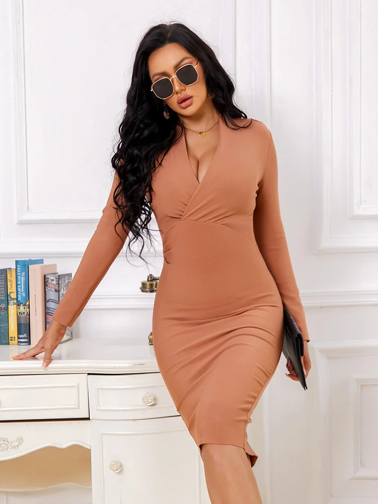 

Winter Long Sleeve HL Strap Dress Deep V-Neck Sexy Women's Tight Dress Loyal Blue Knee Length Skirt