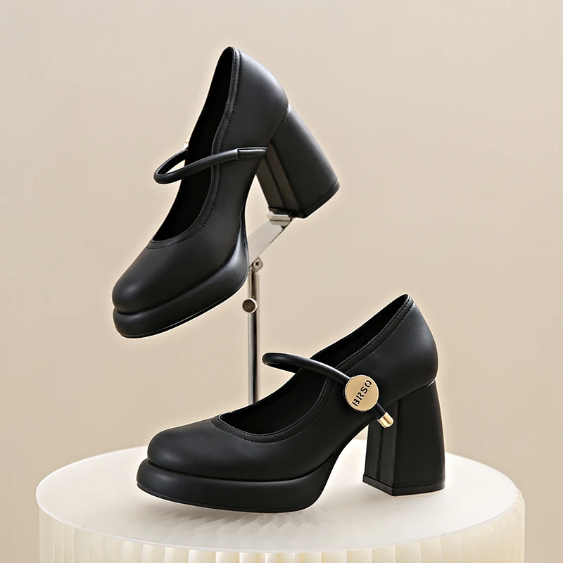 Женские туфли-лодочки из ПУ кожи с круглым носком на высоком массивном каблуке