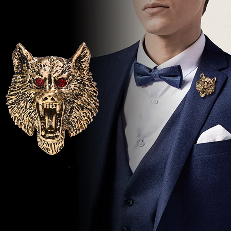 

Retro Metal Wolf Head Brooches Pins Crystal Animal Badge Men's Suit Shirt Corsage Lapel Pin Vintage Jewelry Brooch Accessories