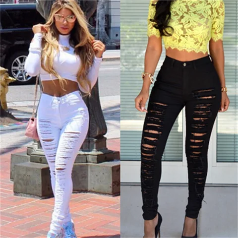 Autumn Summer Hole Ripped Jeans Women Sexy Denim High Waist Elastic Pencil Pants Capris  Skinny Slim Black White Jeans Female