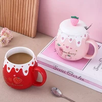 breakfast with lid spoon porcelain cute strawberry coffee mug milk oatmeal cup large capacity drinkware