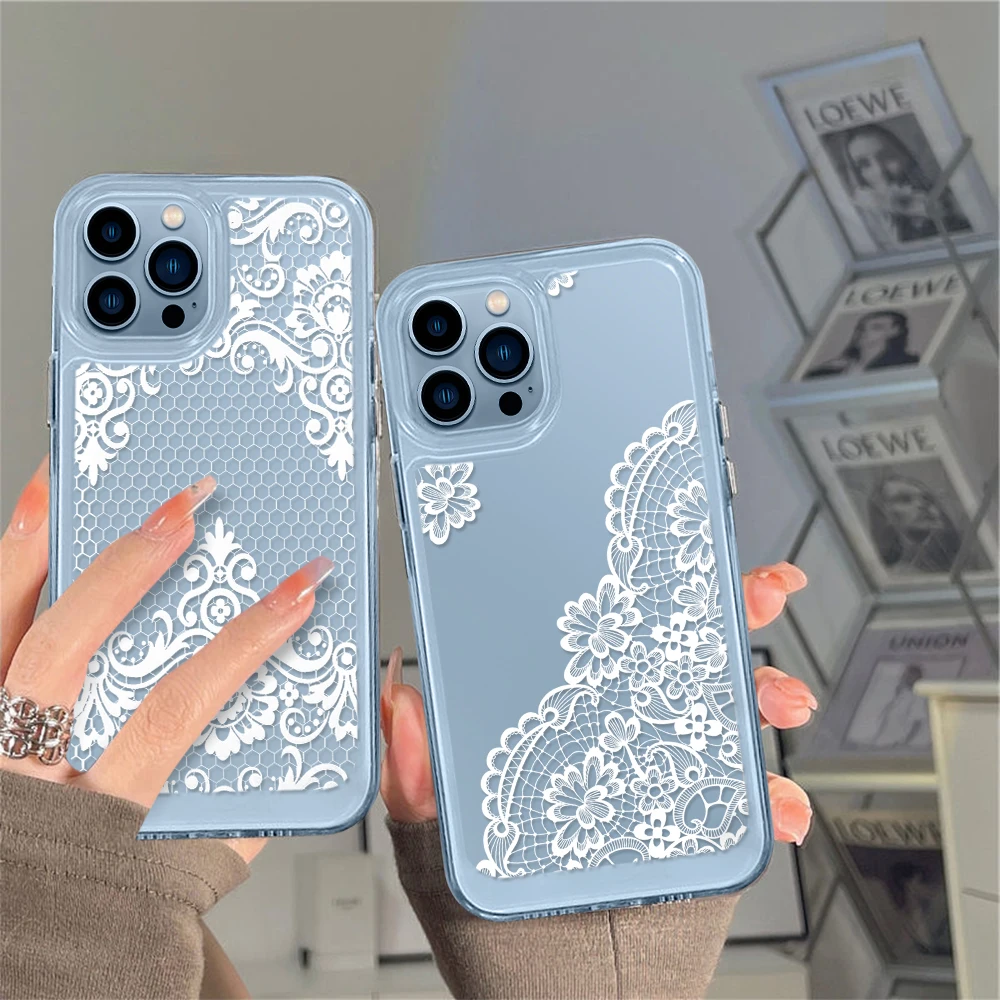 

Clear Phone Case for iPhone 14 13 12 11 Pro Max Mini XS XR X White Mandala Flower Shell Back Cover for iPhone14promax Capa Funda