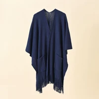 2022 spring autumn new knitted solid color pocket tassel female shawl imitation cashmere women cloak lady poncho capes navy