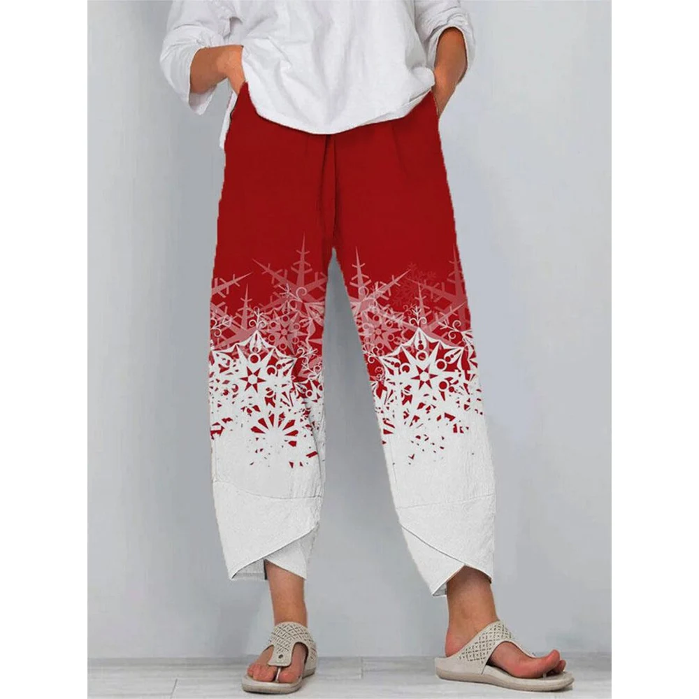 

Осенние мешковатые брюки CLOOCL, штаны для фитнеса с принтом снежинок, брюки с эластичным поясом и широкими штанинами, брюки с двумя карманами, ...