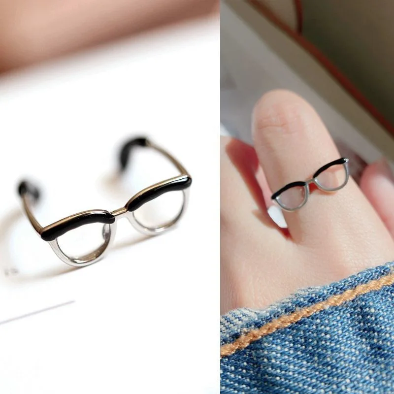 

Creative Happy Small Glasses Ring For Women Mini Eyewear Open Adjustable Finger Rings Eyeglasses Tail Ring Jewelry Gifts New
