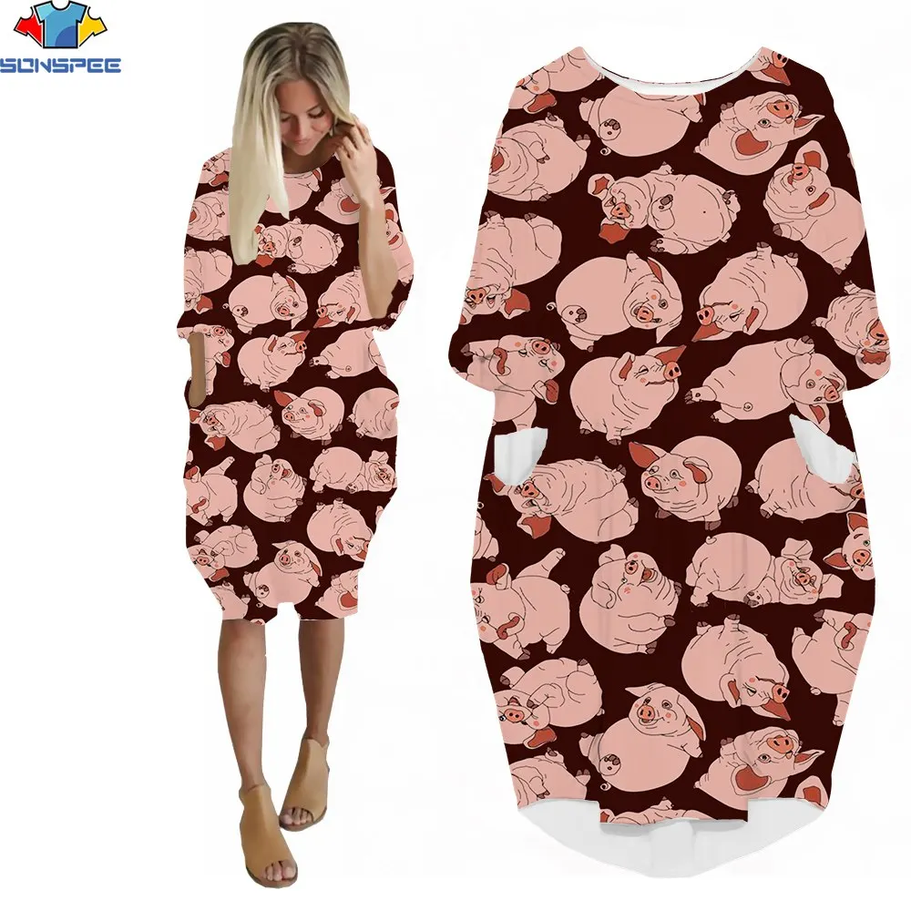 

SONSPEE 3D Print Hawk Cute Piggy Women's Dress Anime The Seven Deadly Sins Round Neck Shopping Harajuku Party Dress with Pockets