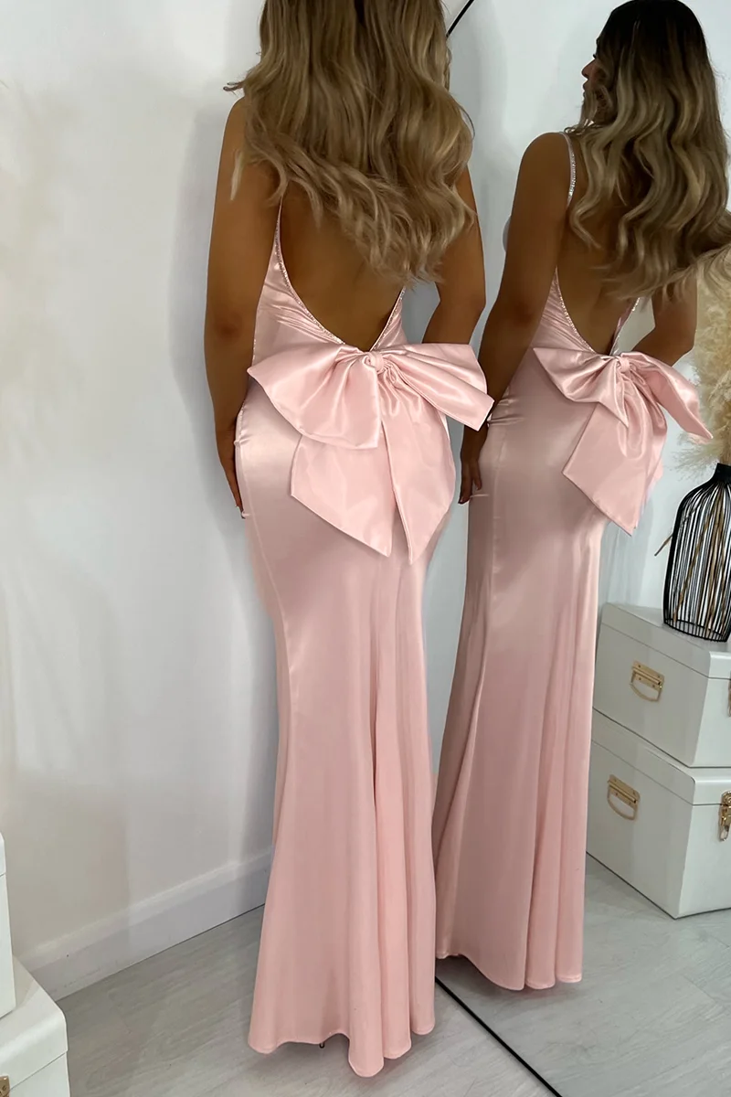 Elegant Backless Bow Satin Dress Spaghetti Strap Party Cocktail Wedding Guest Pink Long for Women Slim Bodycon Sexy