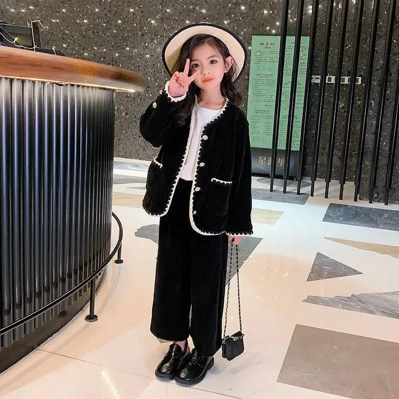

teenager girls clothes set coat+Wide Leg Pants 2pcs kids velvet clothing suit Children's outfit