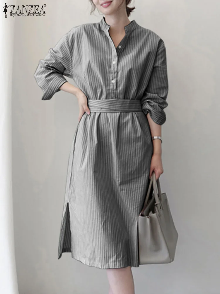 

Платье ZANZAE женское с длинным рукавом, Модный повседневный элегантный сарафан с принтом в полоску, с воротником-стойкой, для отдыха