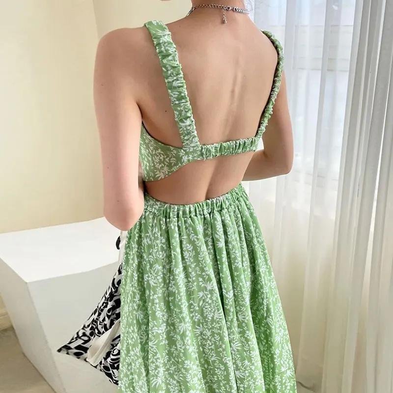 

Korean Chic Y2k Sexy Dress Summer Green Square Collar Open Back Chiffon floral sundress Vacation vestidos 2022 Long Dress Female