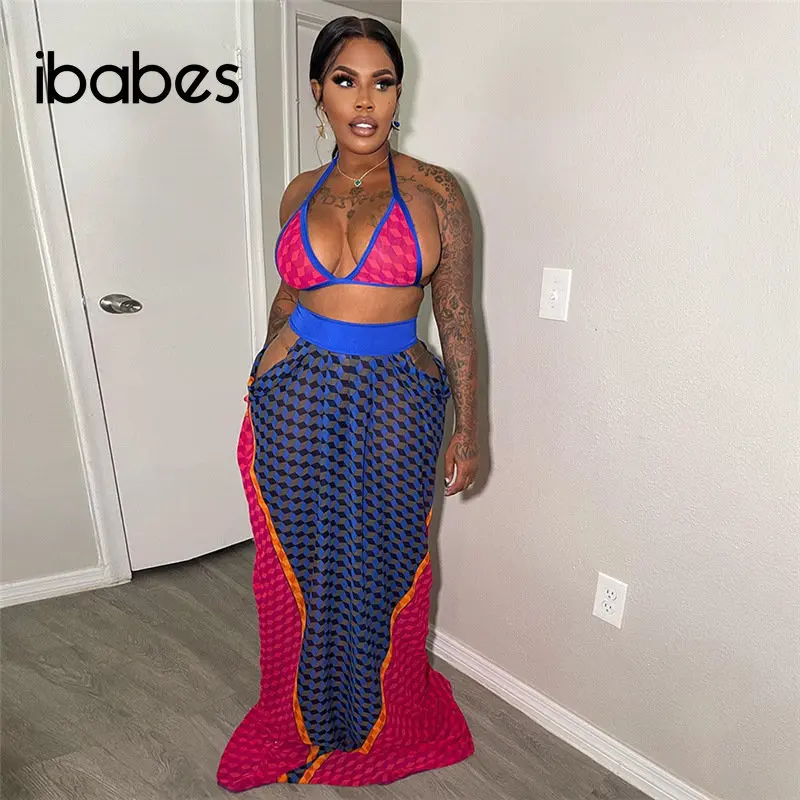 

Plaid Printed Women 2 Piece Set Spaghetti Straps Bra Hollow Out Long Maxi Hip Skirts Matching Set 2023 Summer New Beach Vestidos