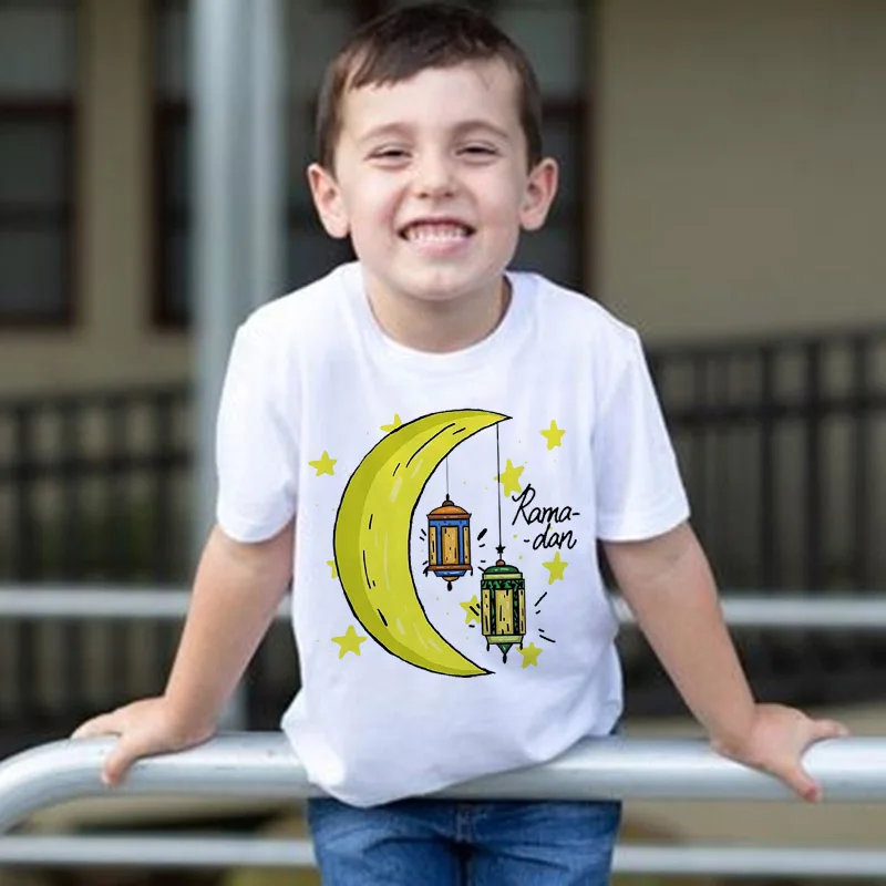 Happy Ramadan Summer Boys T-shirt Children's Tops Eid Girls Boys Short Sleeve Kids Outfit Clothes，Drop Ship