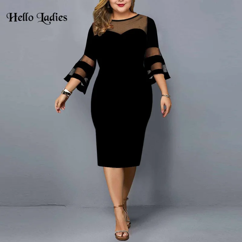 HL Plus Size Elegant Fashion Lace Patchwork Dress Spring Summer Dresses Women Sexy Mesh Evening Party Solid Bodycon Robe