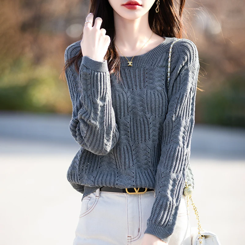 Женский вязаный свитер из 100% хлопка Свободный пуловер с длинными рукавами и