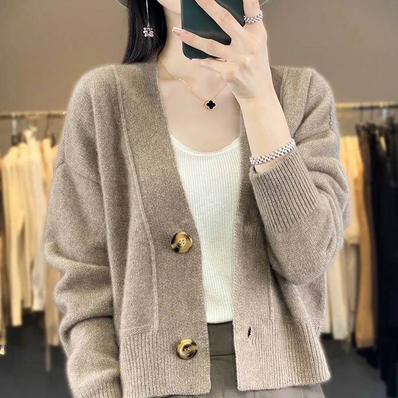 Женский вязаный кардиган с V-образным вырезом однотонный свободный свитер из