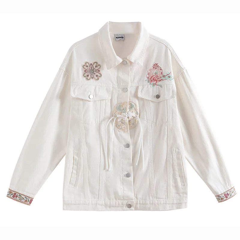 Harajuku винтажная белая джинсовая куртка с цветочной вышивкой свободная