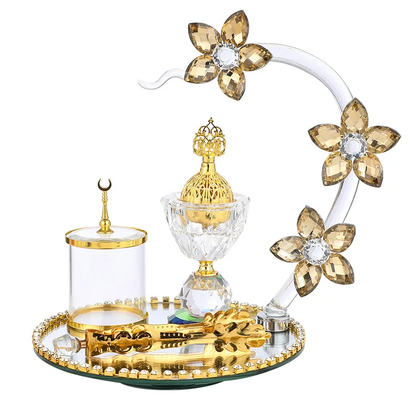 

YXY 5 Flower Petals Middle East Crystal Home Decor Ornaments Golden Incense Burenr with Incense Clip Set Precious Muslim Gifts