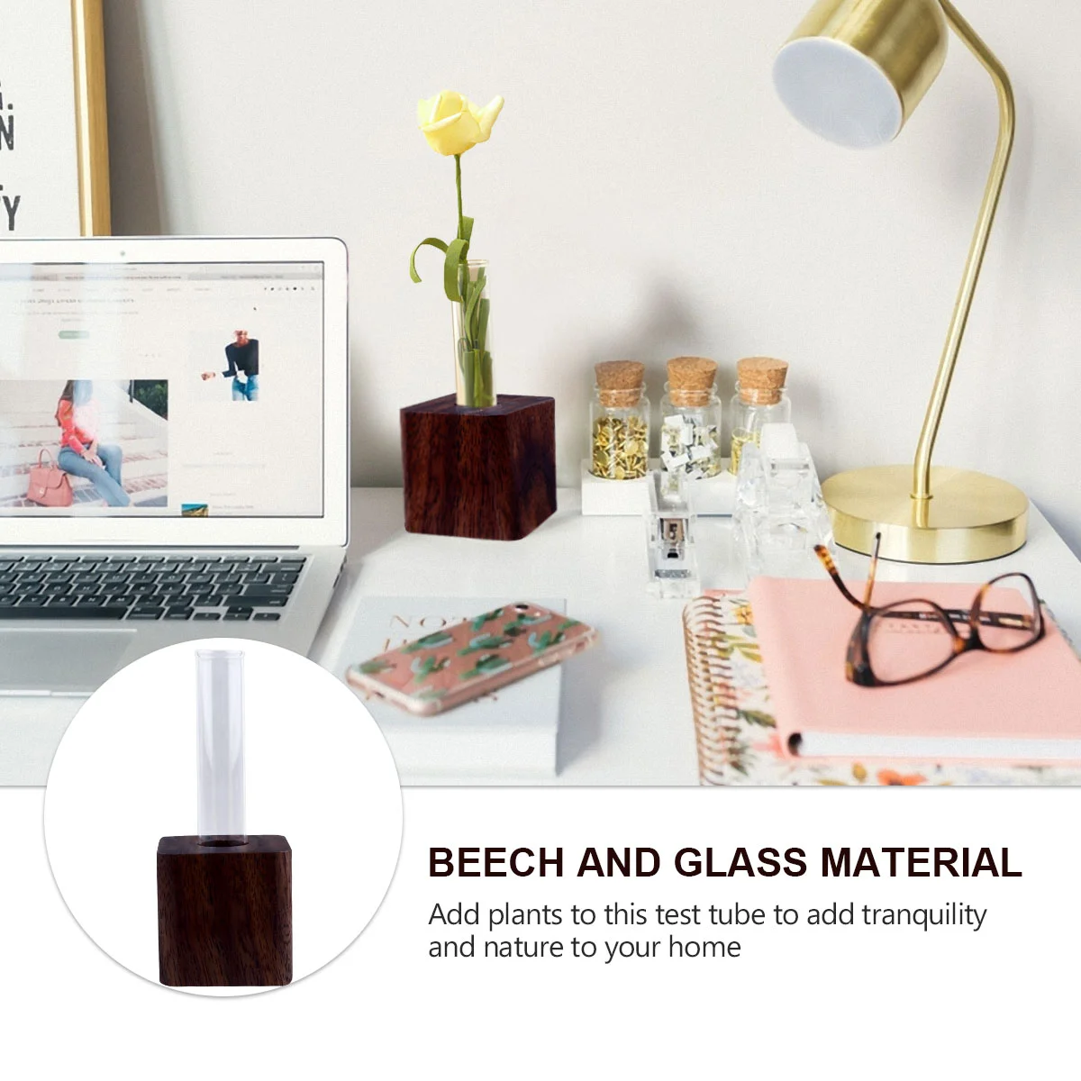 Ваза Стеклянная пробирка Деревянное основание Украшение стола Свежий цветочный