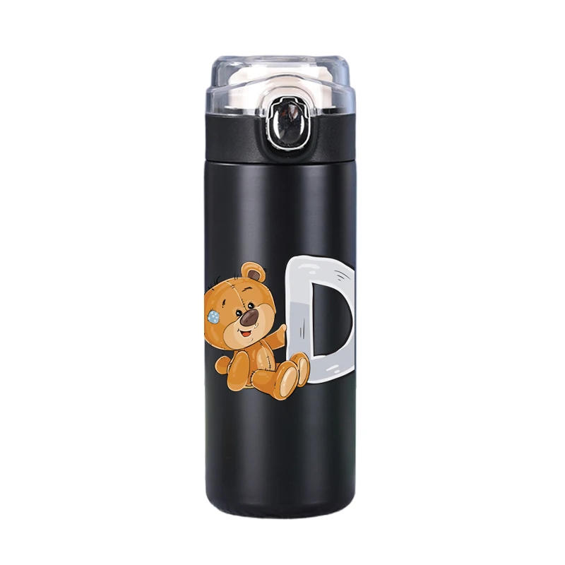 400ml Lovely Letter Printed Thermos Cup Pocket Stainless Steel Thermal Coffee Vacuum Flask Insulated Water Bottle black