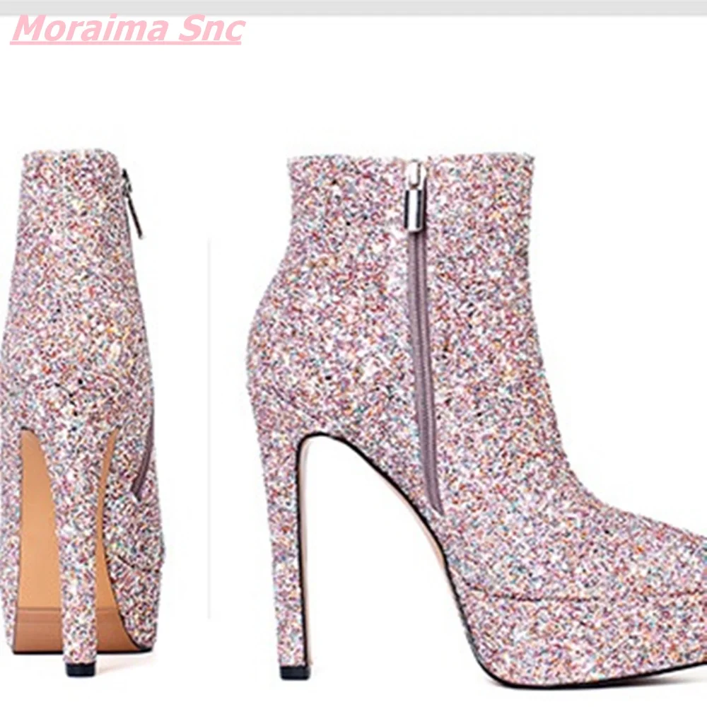 Super High Heel Shiny Mid-Calf  Boots Luminous Stiletto Pointed Toe Zipper Women's Glitter Sequin Fashion Shoes Platform Novelty