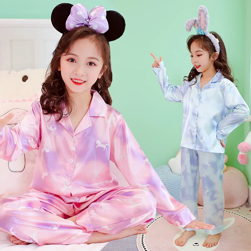

Children Clothes Kids Satin Pajamas Sets for Girls Boys Cute Cartoon Pony Sleepwear Pyjamas Nightgown Silk 4 To 14 Yrs