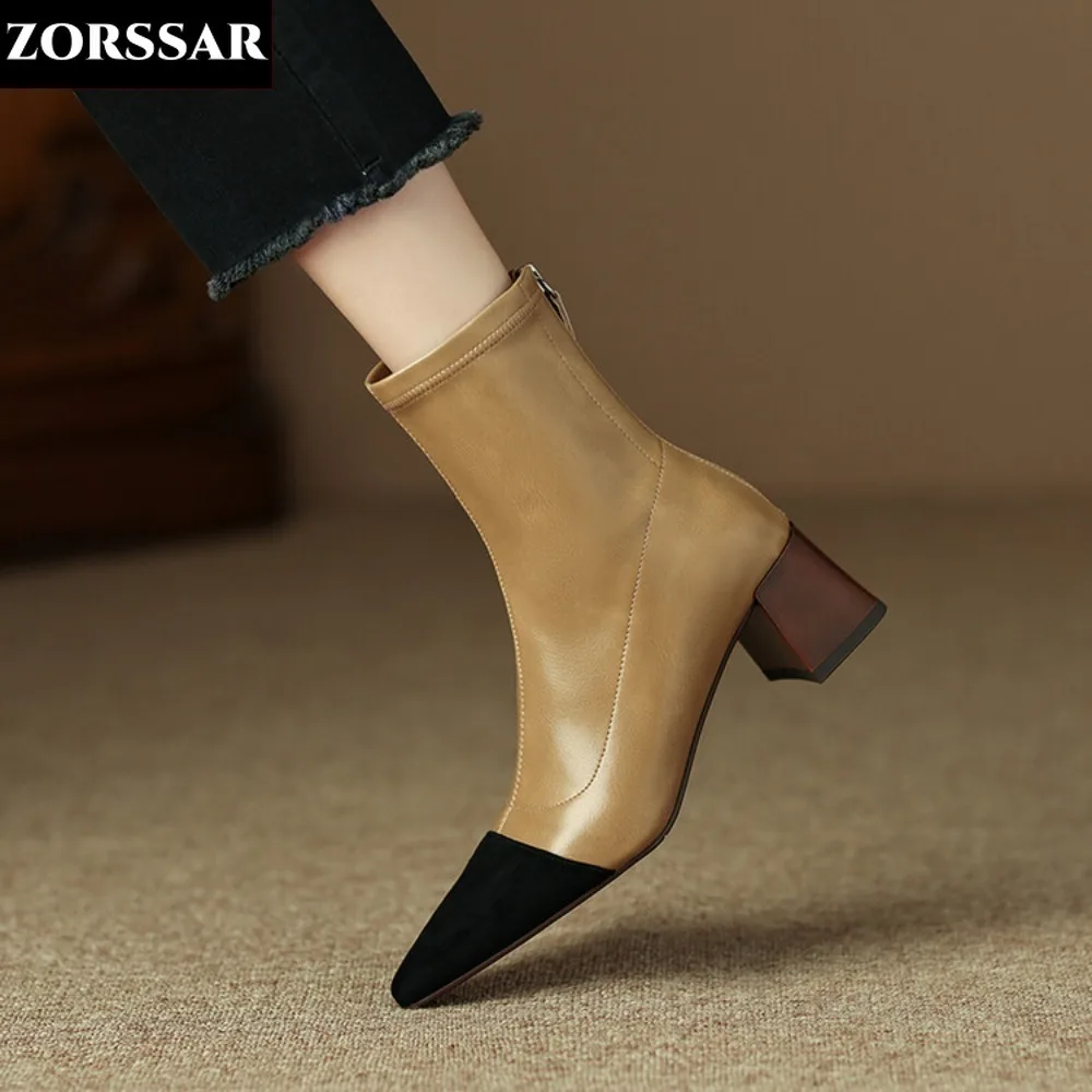 

2023 New Women Pointed Toe Shoes Ladies Thick Heeled Ankle Boots Elastic Fashion Women Nightclub Party Boots Big Size 34-42