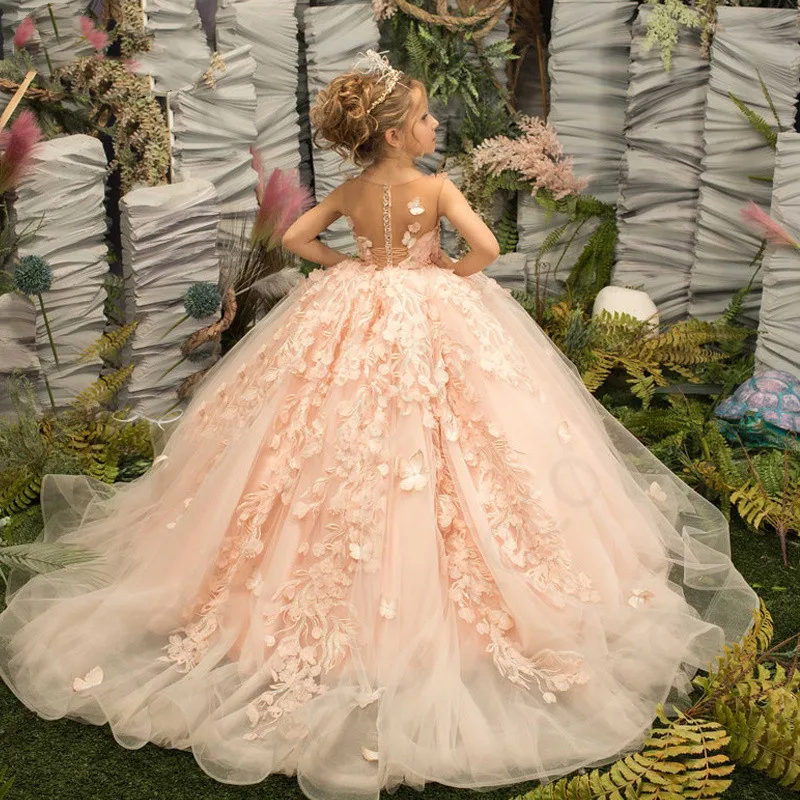 

Flower Girl Dress for Wedding Tulle Baby Girl Birthday Party Ball Gown Lace Top Kids Costumes