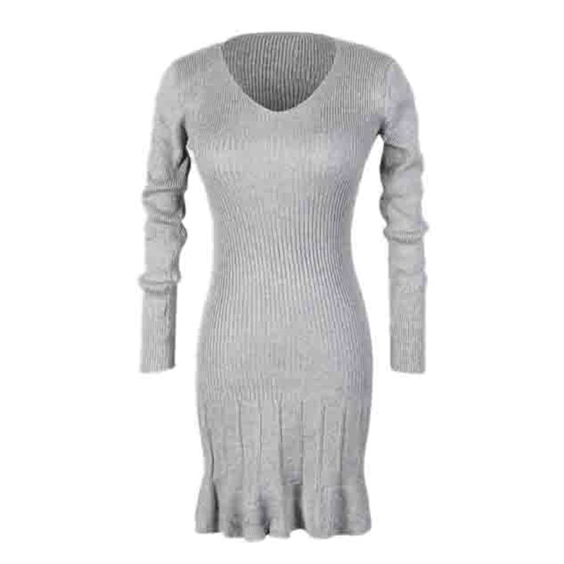 

Spring, Autumn and Winter Women's V-Neck Knitted Dress with Ruffled Calf Length Pleated Fashion Dress