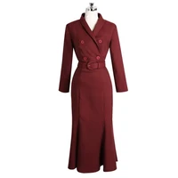new office ladies v neck double breasted blazer trumpet dress belted women business slim