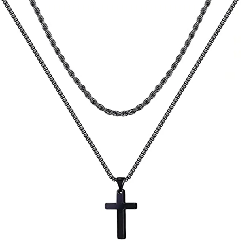 Vintage Men's Cross Necklaces Silver Black Gold Layered  Pendant Necklace Chain  Jewelry for Women Men